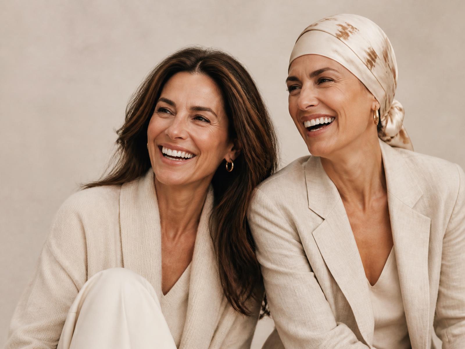 Duas mulheres elegantes sorrindo juntas, uma com cabelo natural e outra com um lenço de seda delicado