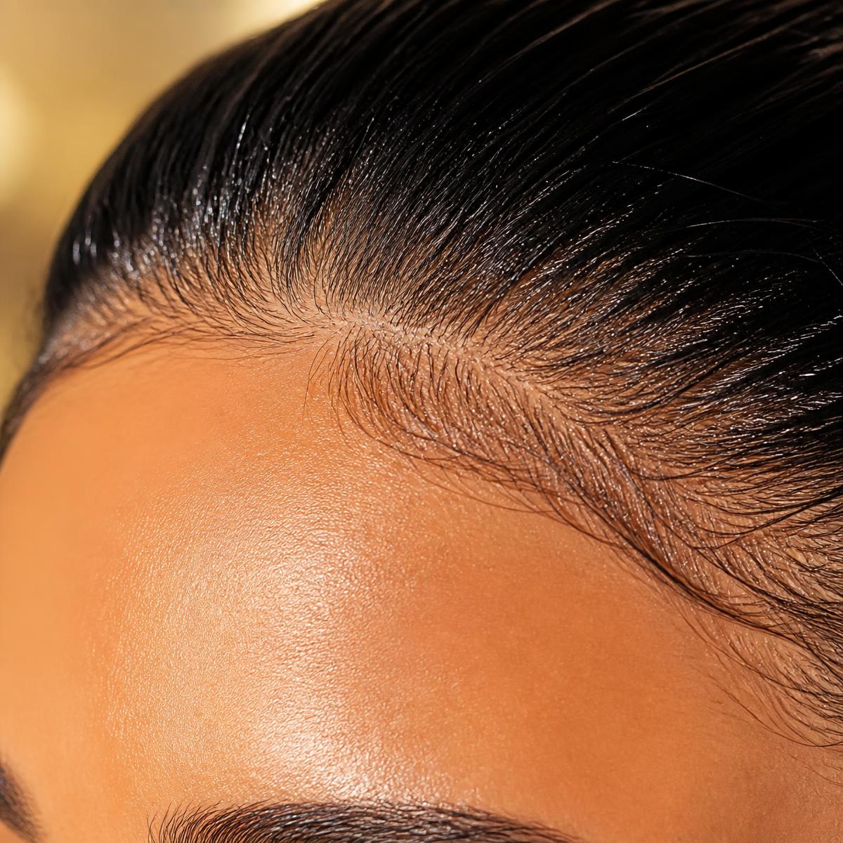 Detalhe macro do frontal de uma lace Luxury Laces, com hairline invisível e fios implantados um a um